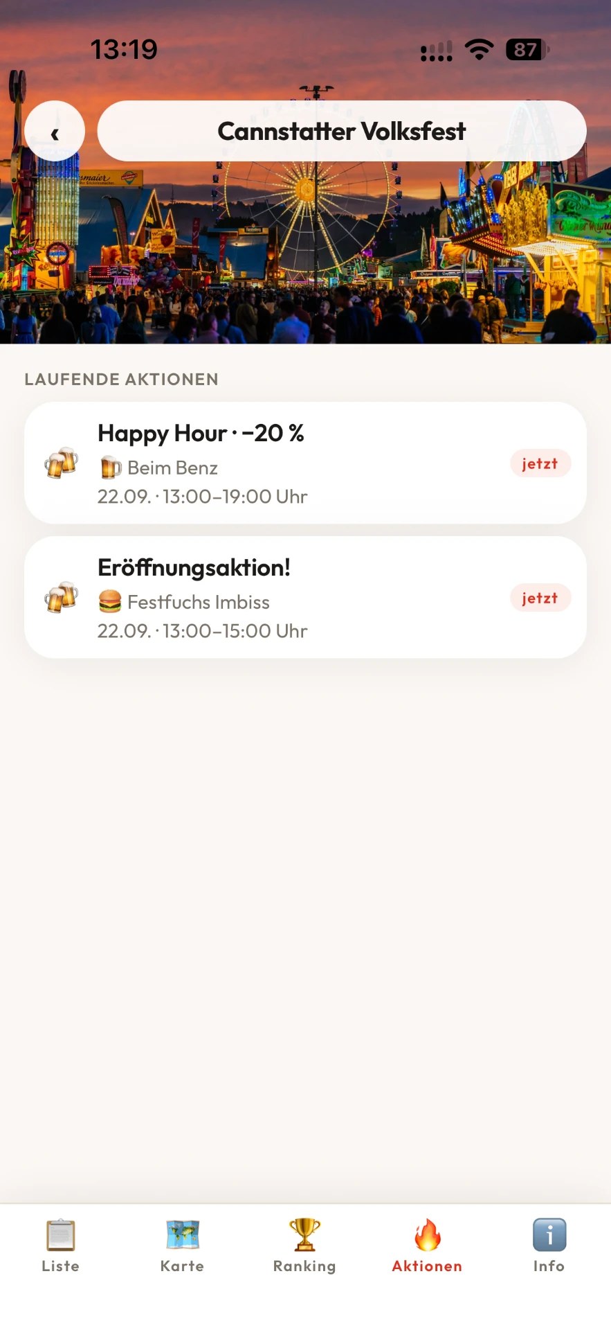 Festfuchs: laufende Aktionen wie Happy Hour und Eröffnungsaktion