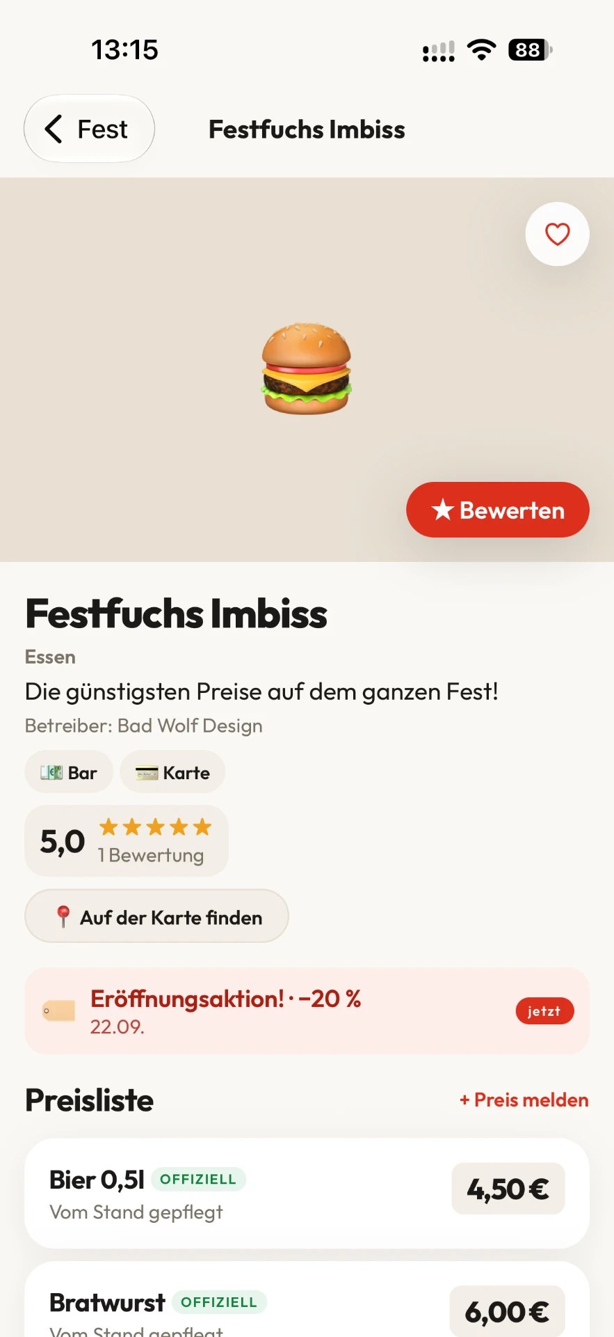 Festfuchs: Stand-Details mit Bewertungen auf dem Smartphone