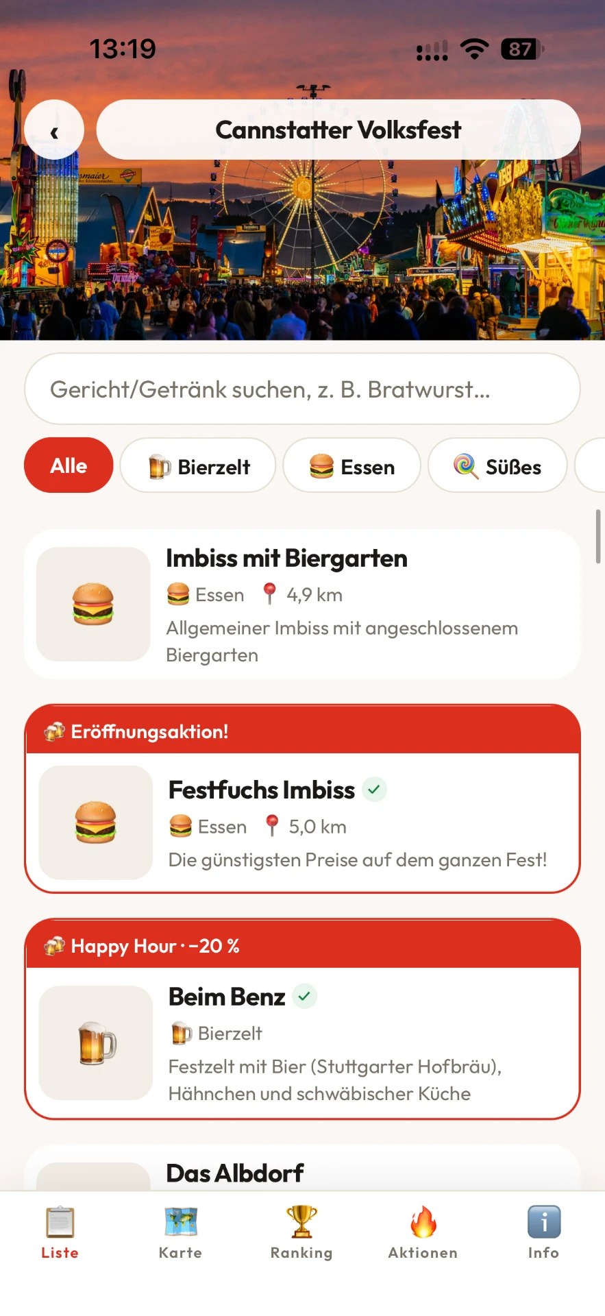 Festfuchs: Stände-Liste mit Bewertungen und Entfernung