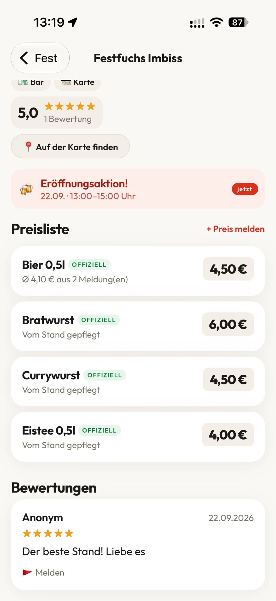 Festfuchs: Preisliste eines Stands mit offiziellen Preisen