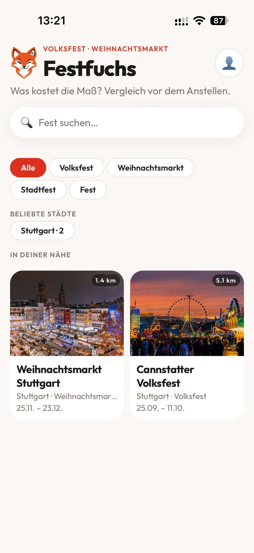 Festfuchs: Startseite mit Festsuche und beliebten Ständen