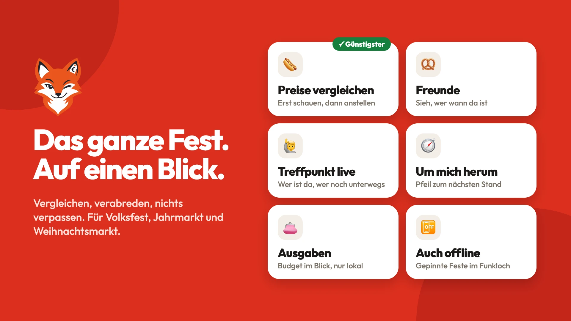 Festfuchs: Das ganze Fest auf einen Blick – Preise vergleichen, Freunde, Treffpunkt live, Um mich herum, Ausgaben und auch offline